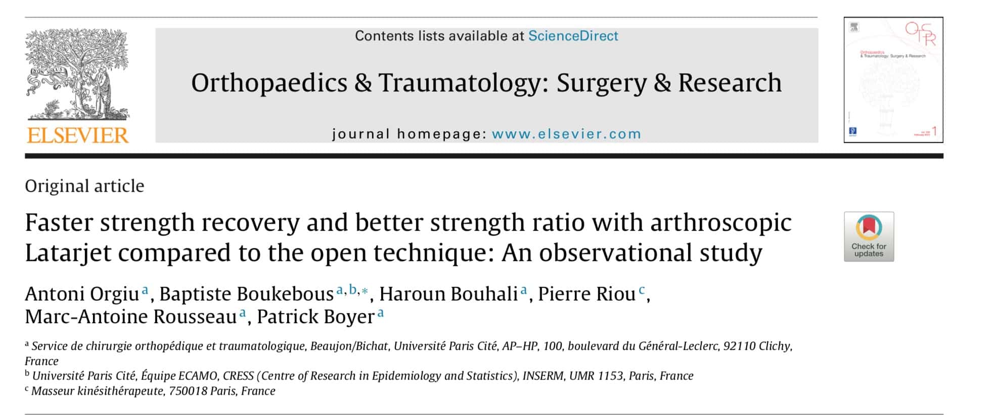 Article scientifique sur l'intérêt de la butée sous arthroscopie