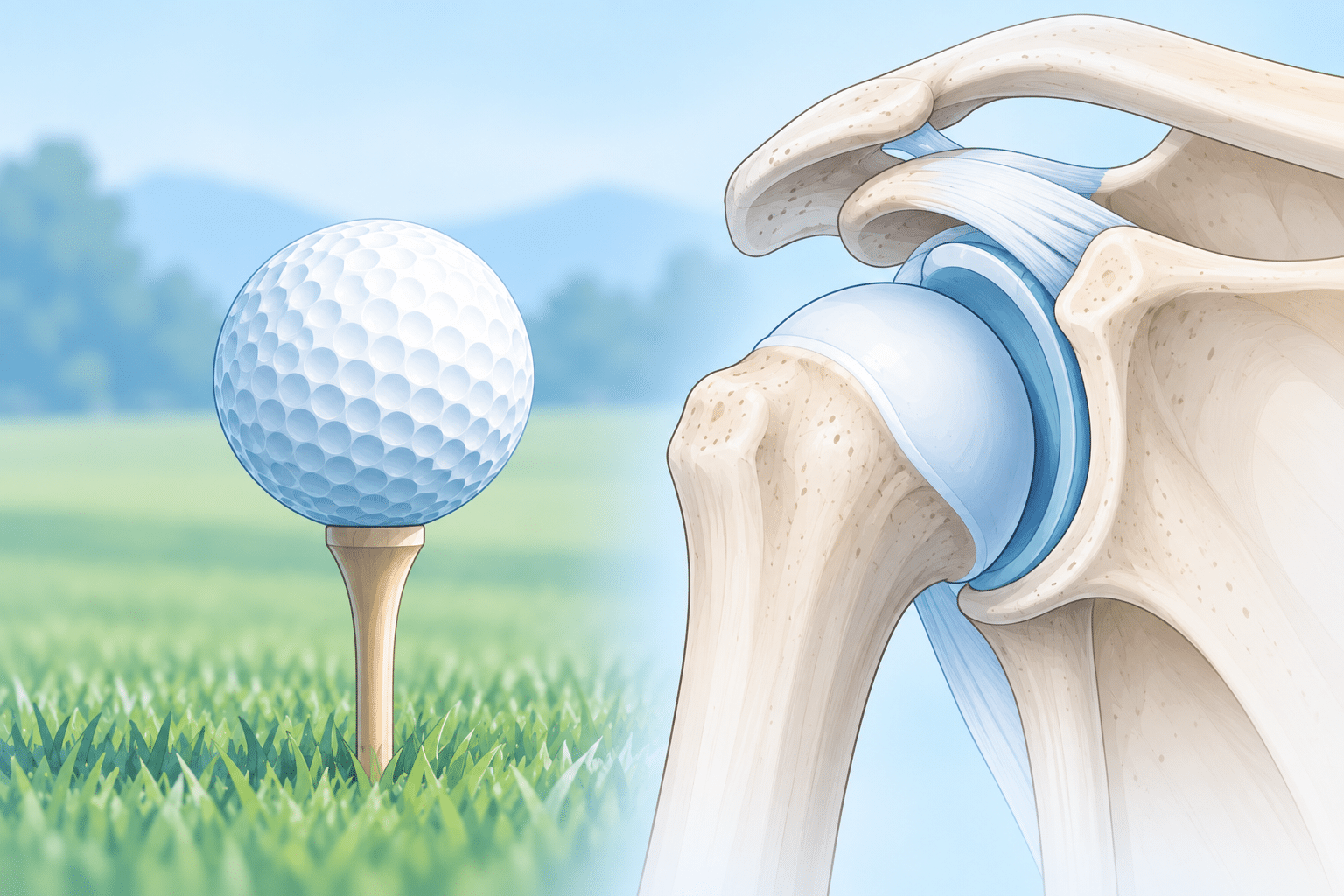 Illustration comparant l’articulation de l’épaule à une balle de golf posée sur un tee pour expliquer son instabilité