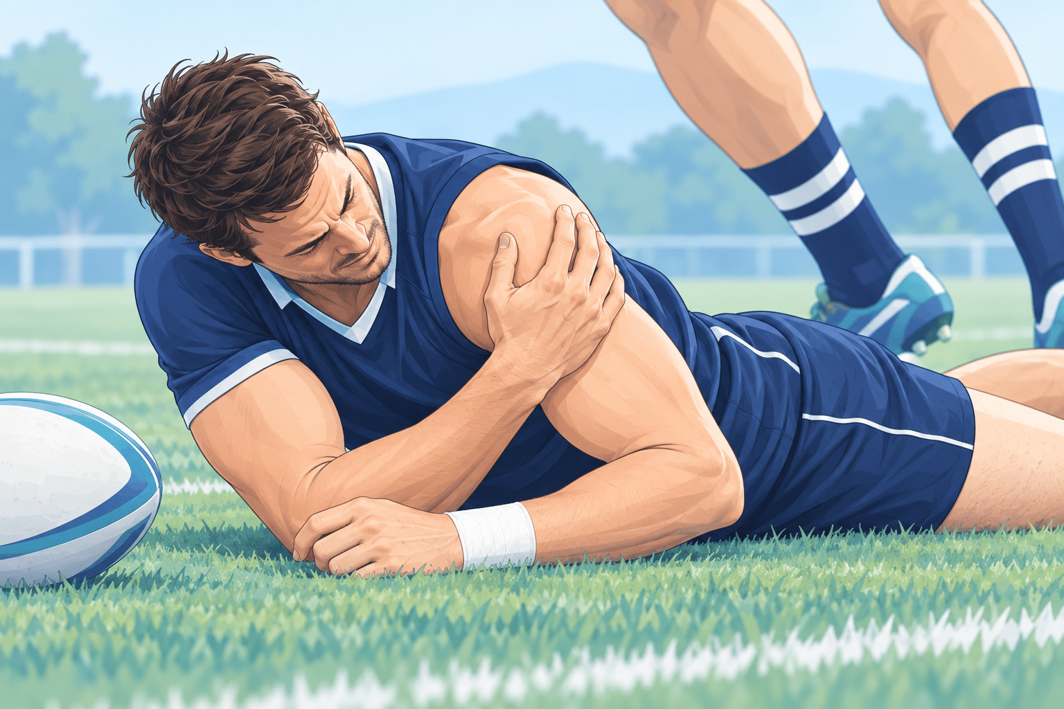 Rugbyman au sol souffrant d’une luxation de l’épaule après un traumatisme sportif