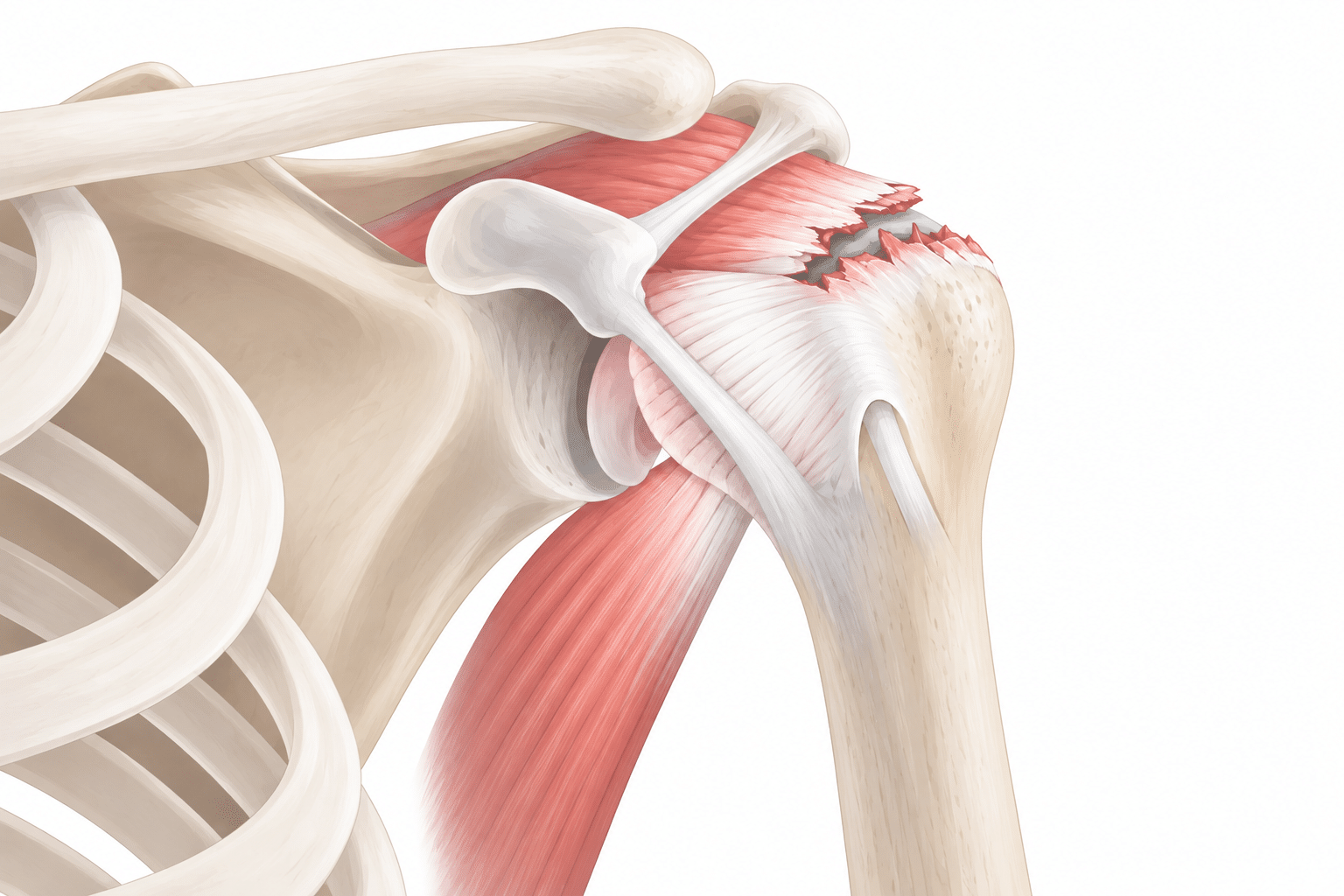 Illustration anatomique d’une rupture d’un tendon de la coiffe des rotateurs au niveau de l’épaule