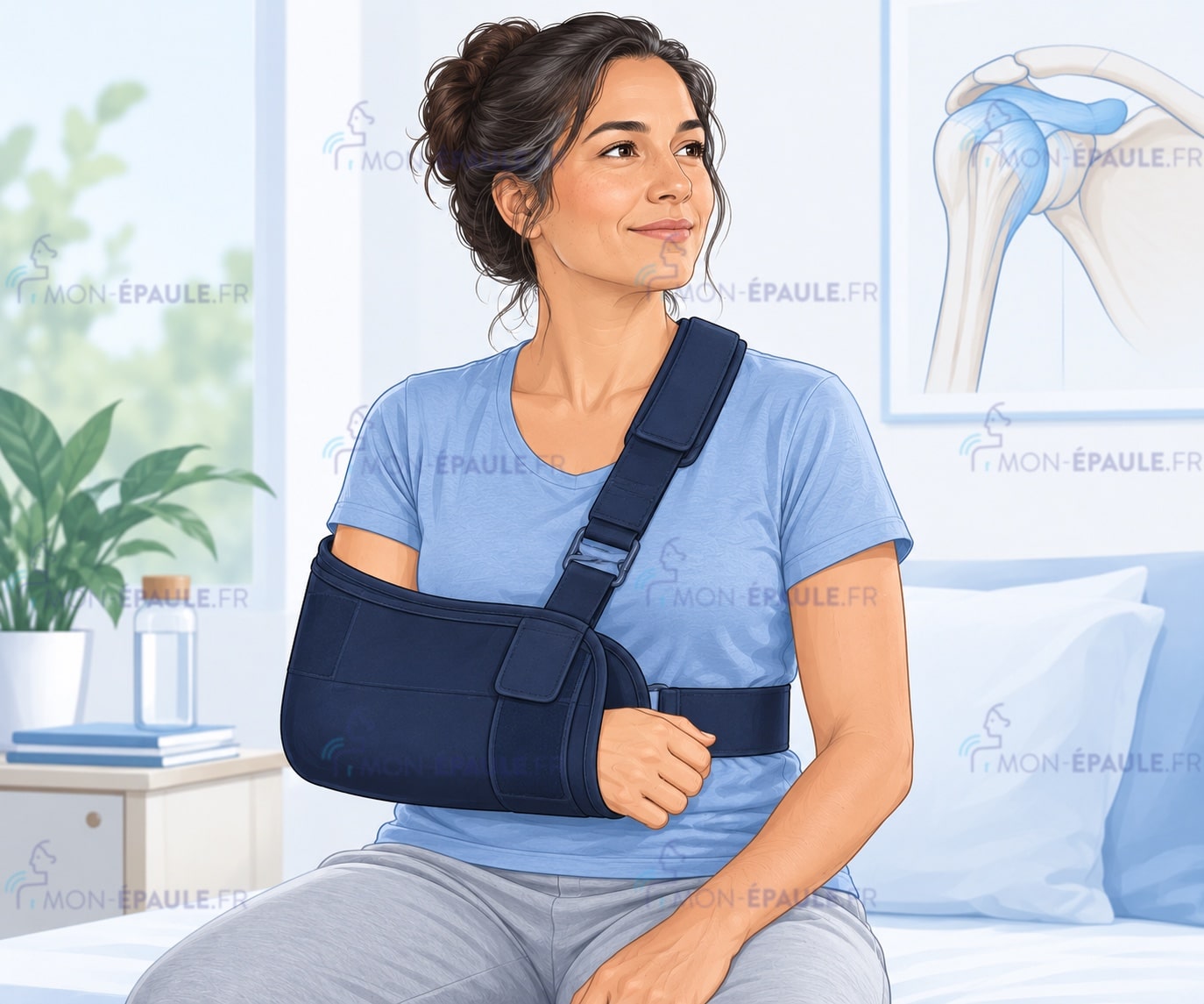 Patiente portant une attelle pour protéger son épaule après une opération