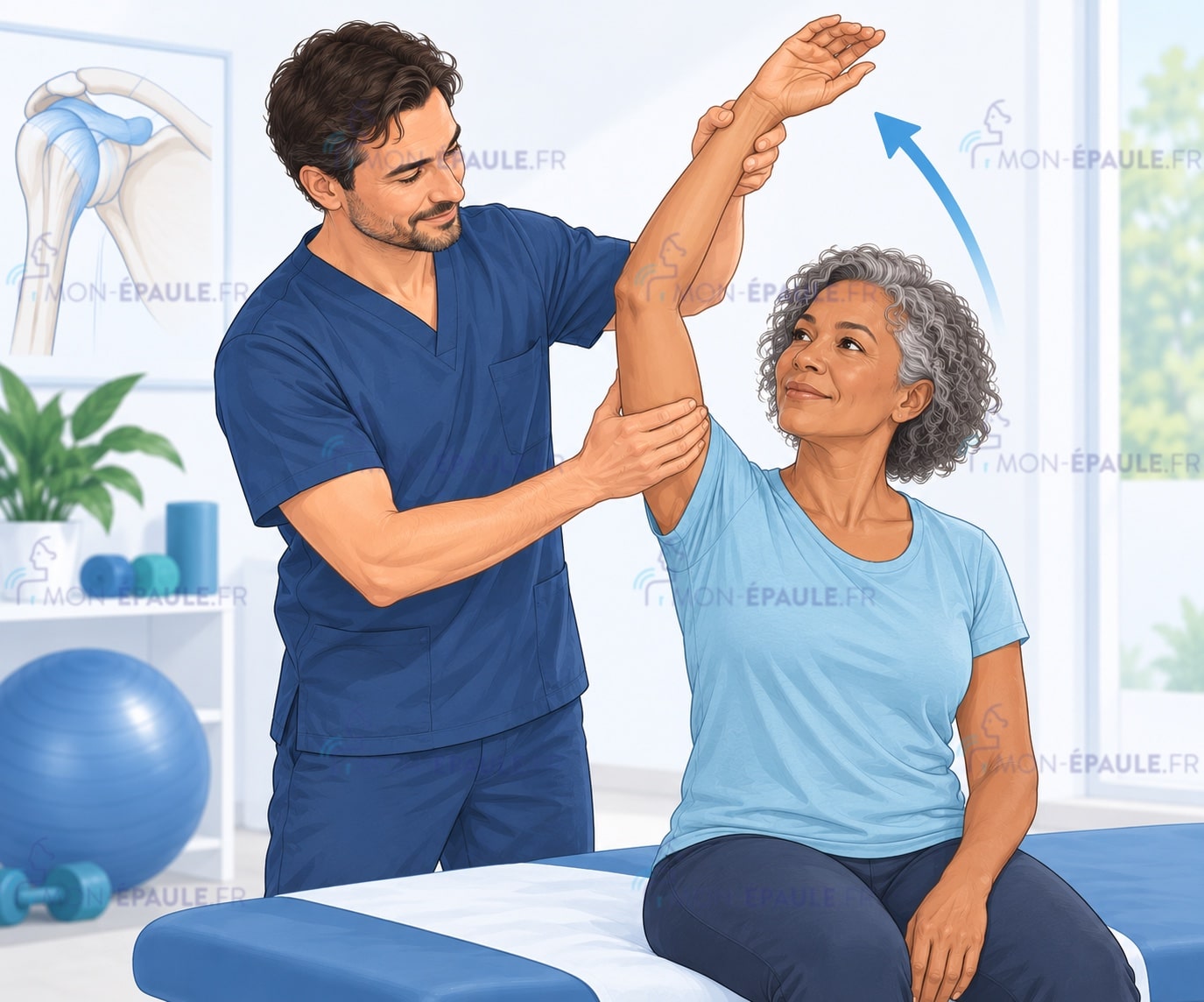 Patiente réalisant un exercice de mobilisation de l’épaule avec un kinésithérapeute après une opération