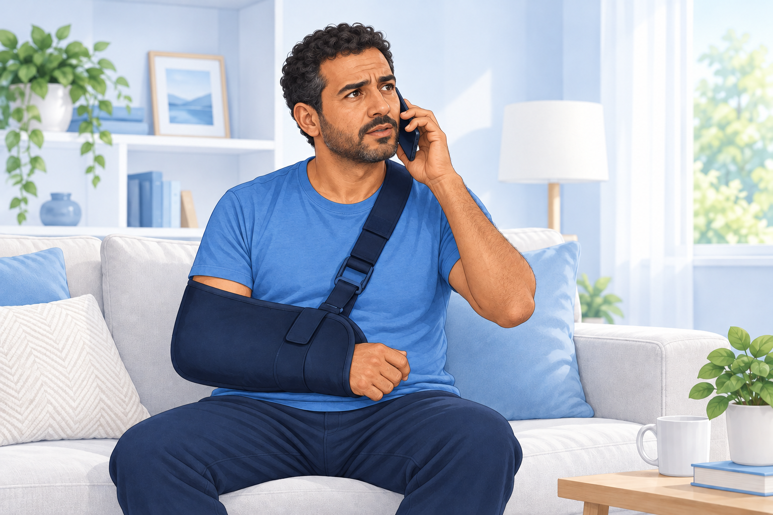 Illustration d’un homme à l’expression préoccupée téléphonant depuis son domicile, le bras immobilisé dans une écharpe après une opération de l’épaule.