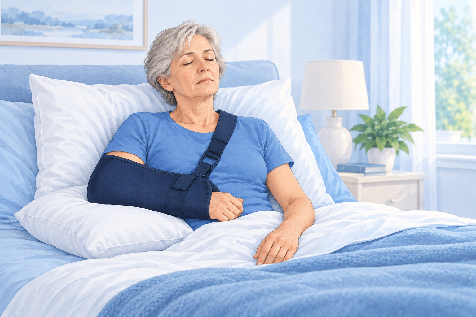 Illustration d’une femme au repos dans son lit, les yeux fermés, le buste relevé et le bras opéré soutenu par une écharpe et un coussin.